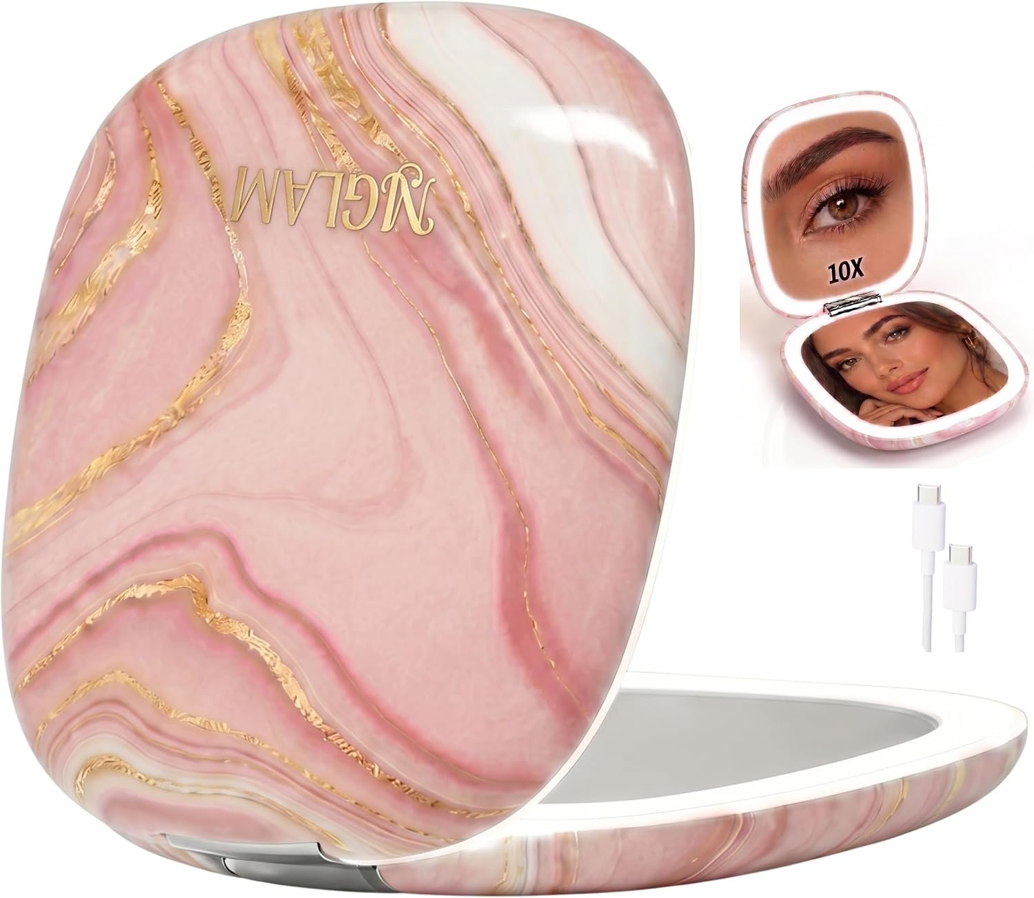Lighted Makeup Compact Mirror, 3.9 Inch – 1x/10x Magnification Portable, LED – Auto Light On/Off – USB Charging, (Blush Marble)