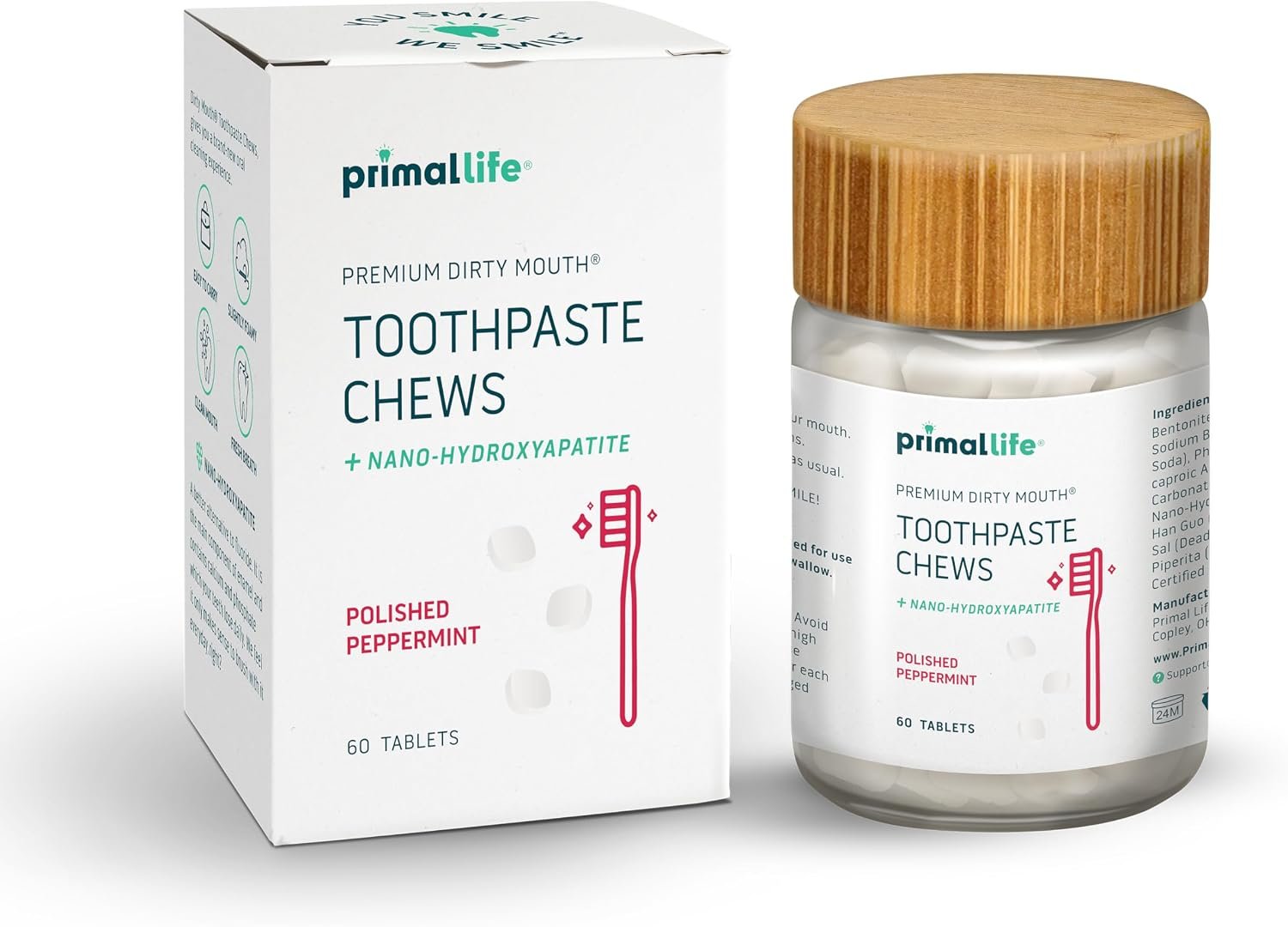 Primal Life Organics Premium Dirty Mouth Toothpaste Chews – Nano-Hydroxyapatite Whitening Toothpaste Tablets for Adults – Gluten Free, Vegan, Paleo – 60 Tablets in Jar – Polished Peppermint