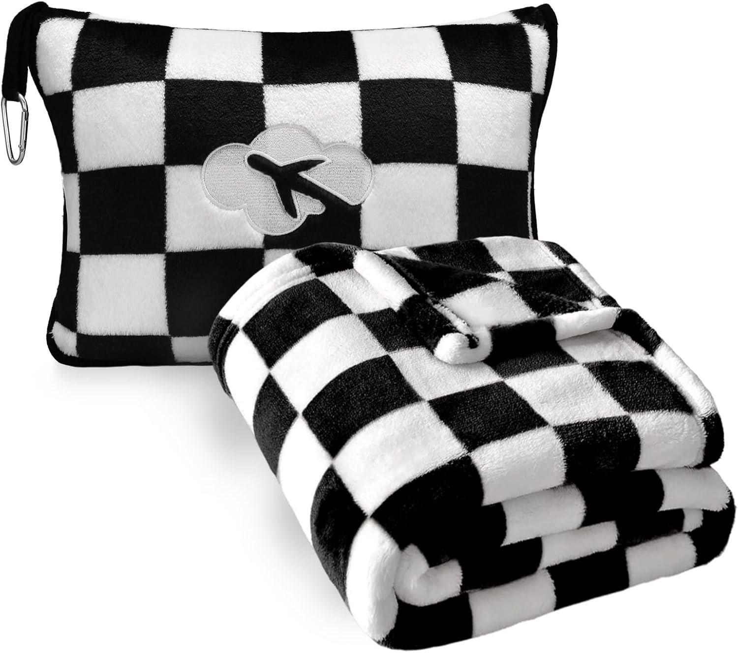 Travel Blanket and Pillow Compact, Premium Soft 2 in 1 Airplane Blanket with Soft Bag Pillowcase，Hand Luggage Sleeve and Backpack Clip (Checkered Black)