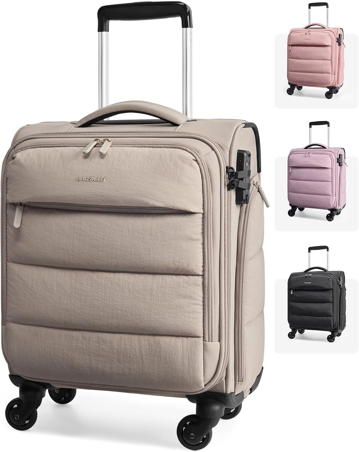 BAGSMART Softside Underseat Personal Item Suitcase with Wheels, Camel