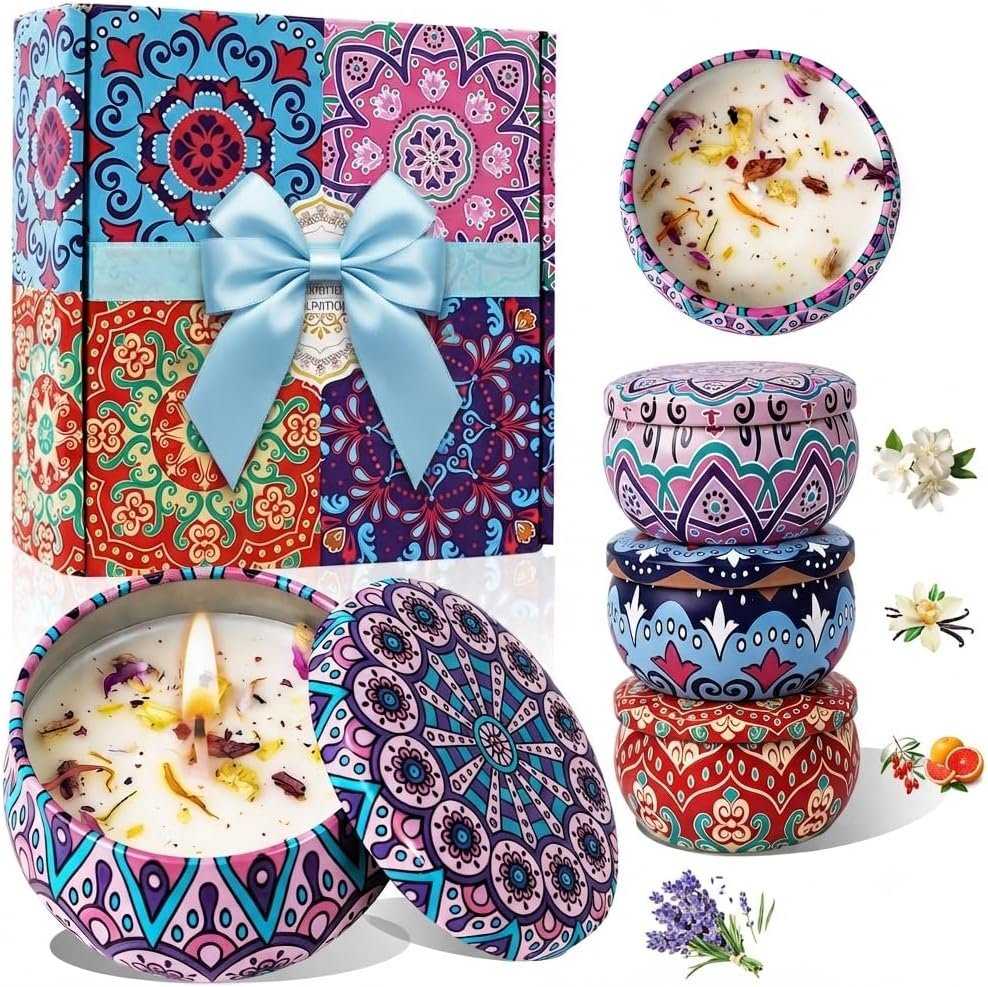 4 Pack Scented Candles for Women- 8% Essential Oil Aromatherapy Candle Set, 50h Long Lasting Natural Soy Wax Candles, Travel Tin Gift Box for Stress Relief Spa Yoga Birthday Xmas