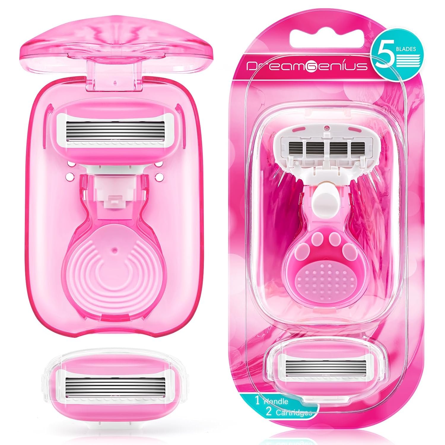 DreamGenius Travel Razors for Women Include 1 Handle 2 Cartridges, Pink