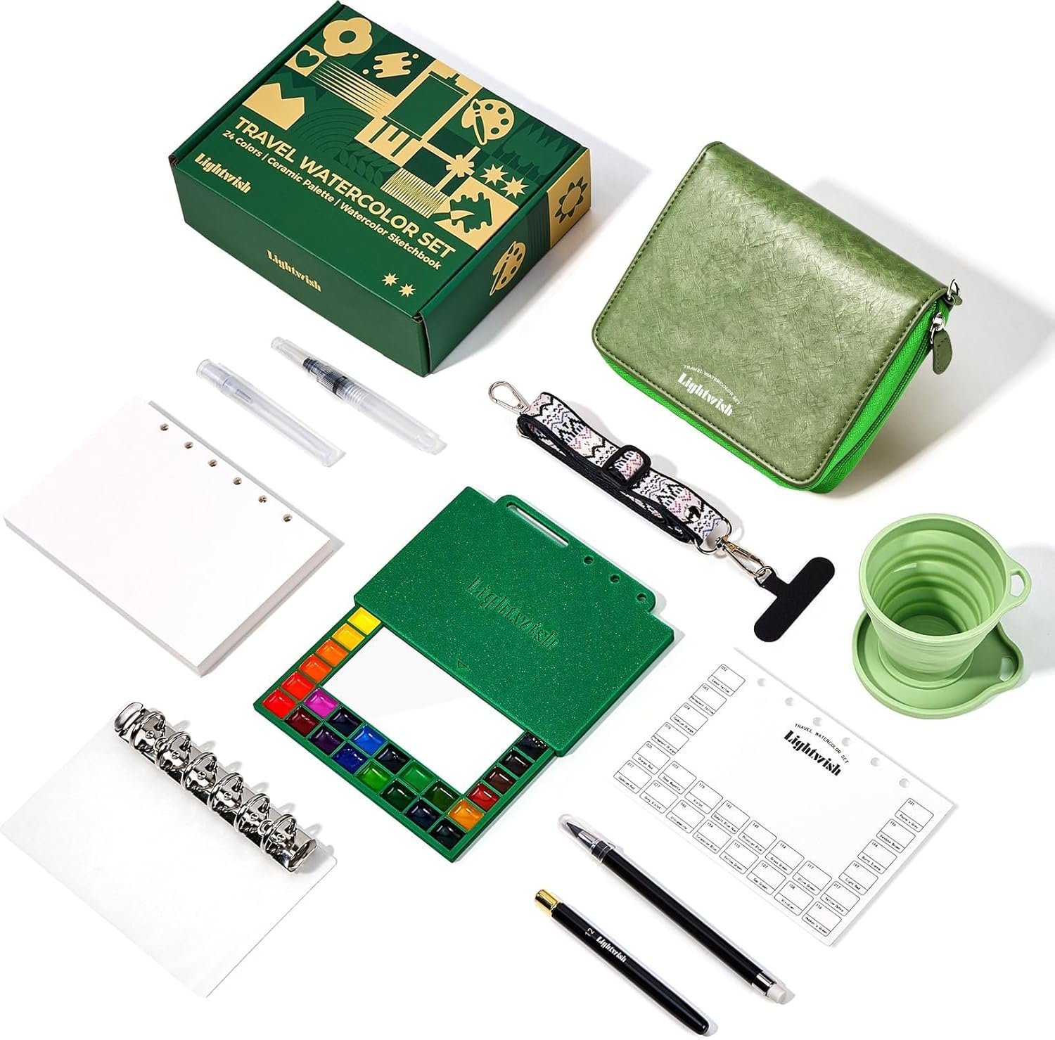 LIGHTWISH Travel Watercolor Set – 24 Colors Compact Art Kit with Refillable 100% Cotton Paper, Ceramic Palette, Watercolor Brush & Spray Bottle, Portable Painting Supplies for Artists & Beginners