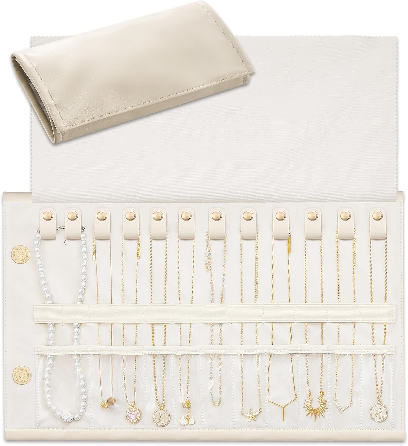 Lolalet Travel Necklace Organizer, Foldable Jewelry Case, Beige, 12 Slots