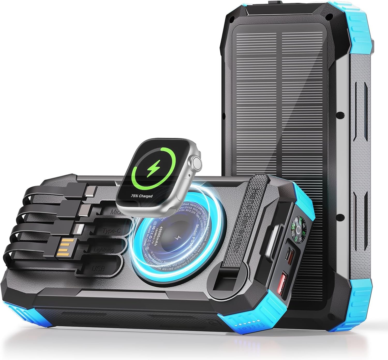 49800mAh Solar Power Bank with Hand Crank and 4 Cables, 3 in 1 Wireless Portable Charger with Camping Light & Compass, 25W Fast Charging USB C Battery for Camping Outdoor Emergency iPhone Android