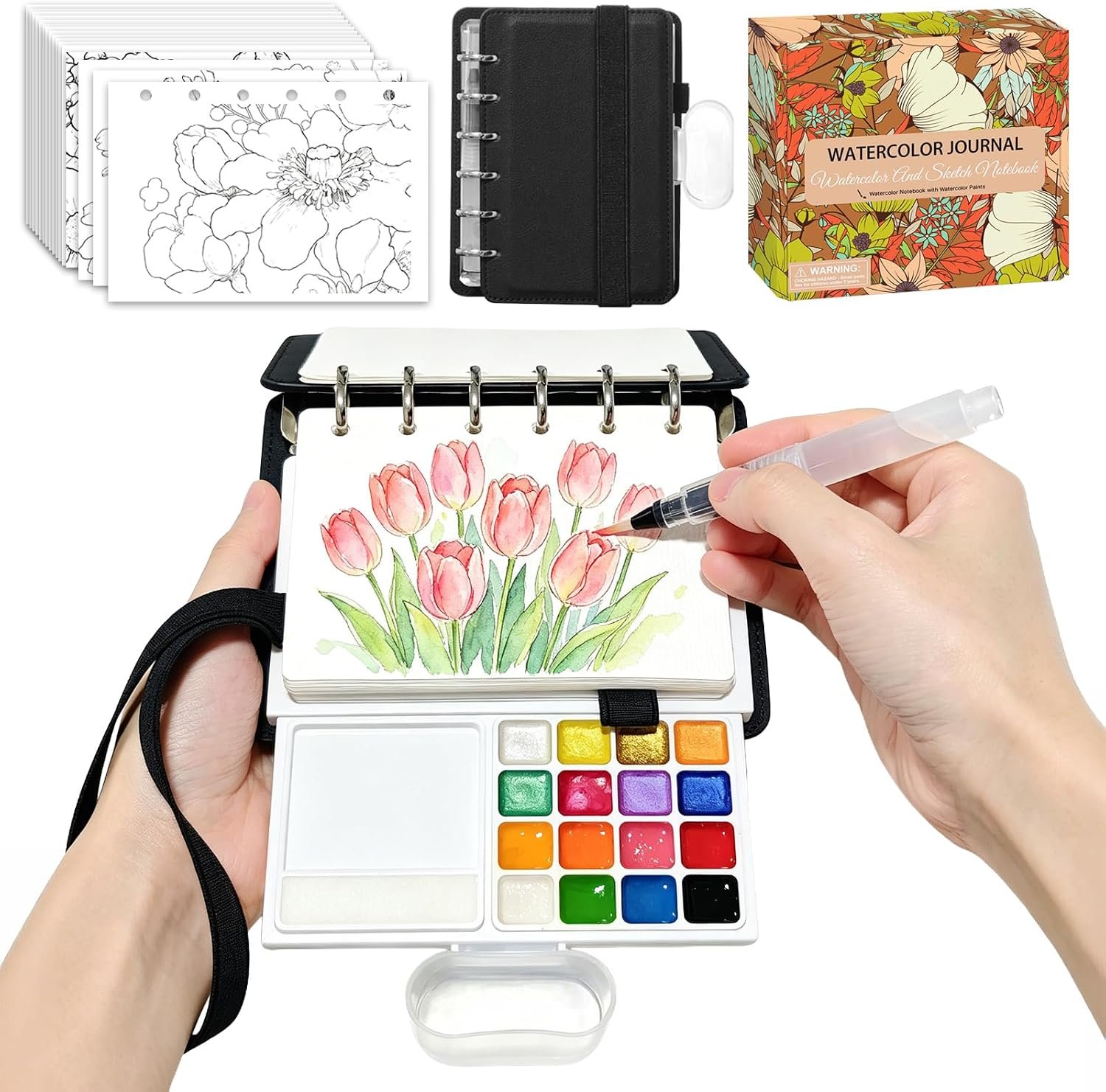 Travel Watercolor Set, Watercolor Sketchbook 16 Colors Standard (8 Matte & 8 Shimmer), Pocket Paint Set with 30-Sheet 300G Cotton Sketchbook, Detachable Palette, Water Cup & Water Brush, Black