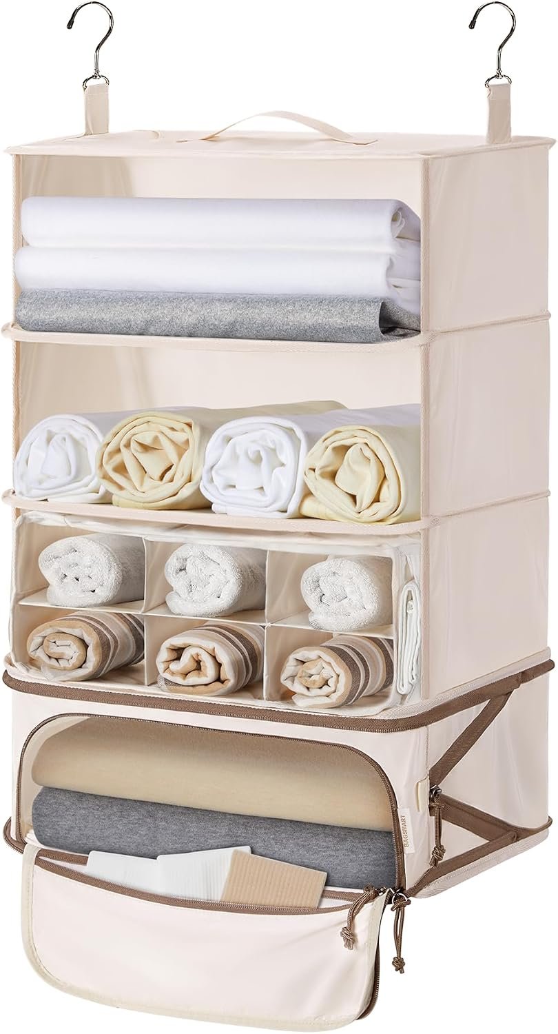 BAGSMART Hanging Packing Cubes for Travel, Hanging Shelves for Suitcases Organizers, Wet Dry Bags 5 Pack, Travel Bags Reusable for Swimsuits (Beige)