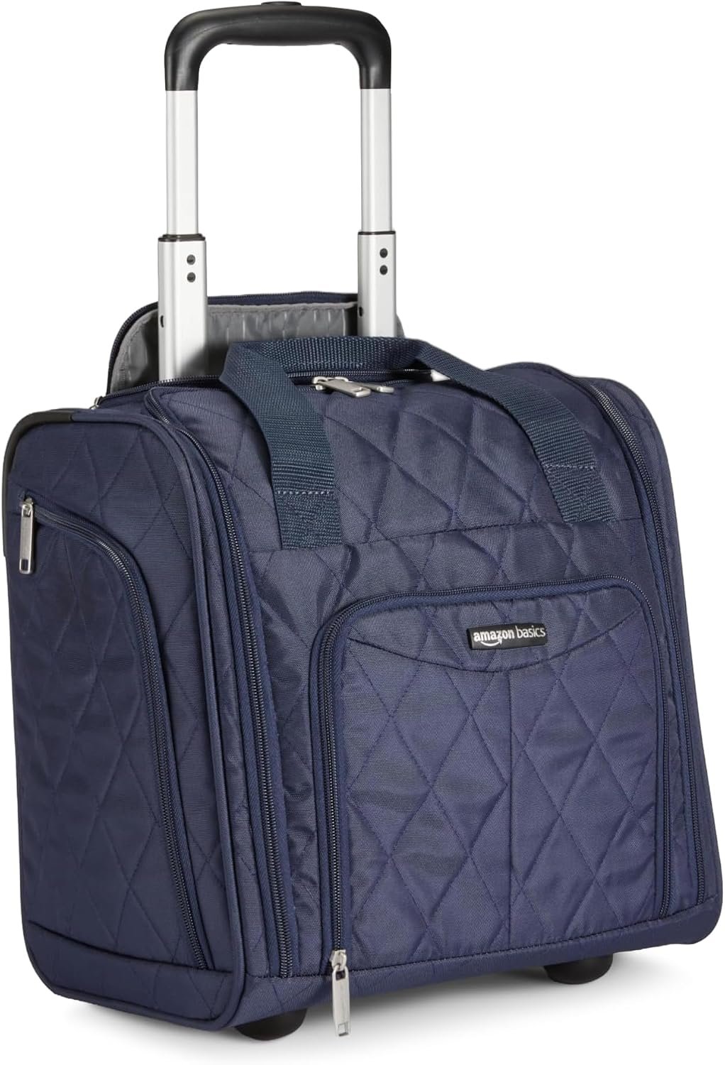 Amazon Basics Underseat Carry-On Luggage with Wheels, 14″ Rolling Travel Bag, Fits Under the Seat with Multiple Pockets and Compartments, Navy Quilted