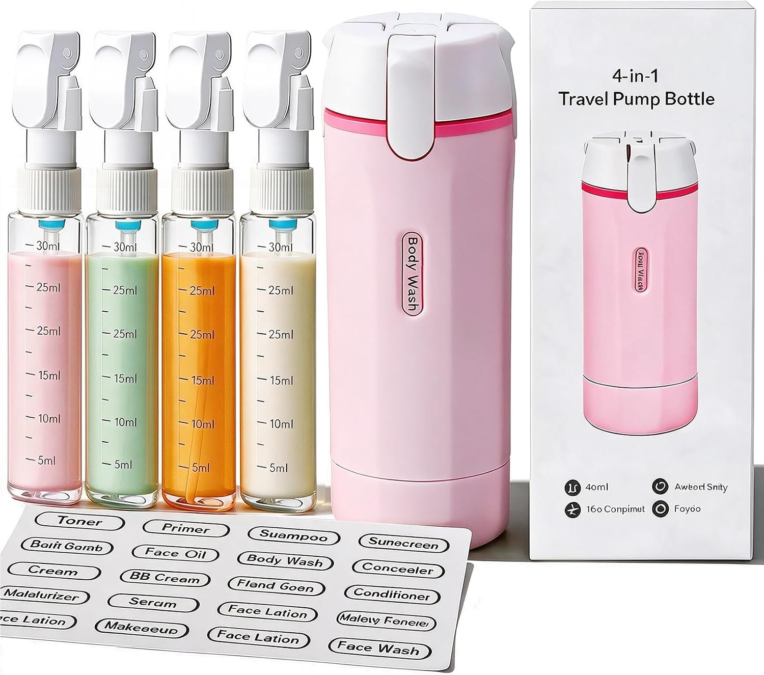 4 in 1 Travel Dispenser Bottle,4 Pack 30ML Travel Bottles for Toiletries, Leak Proof Travel Size Containers (Pink, OneSize)