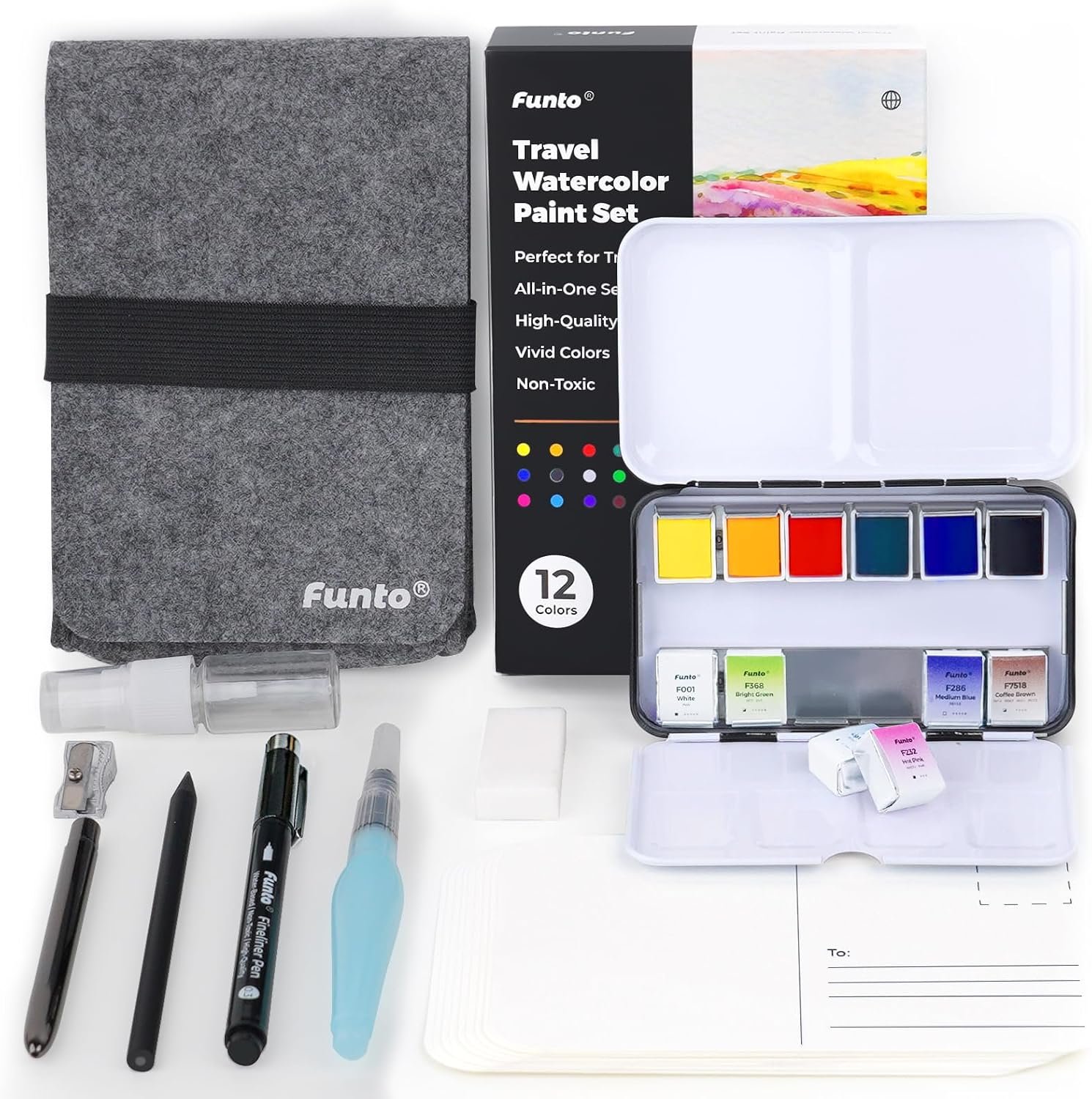 Funto Travel Watercolor Set, 12-Color Paint for Adults and Outdoor Painting