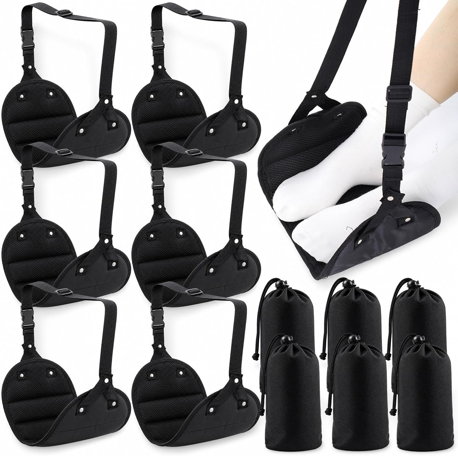 6 Pcs Black Airplane Foot Hammock No Collapse Footrest Hammock with Extended Adjustment Strap Long Trip Foot Rest Airplane Travel Essentials for Long Flight Travel Office Home