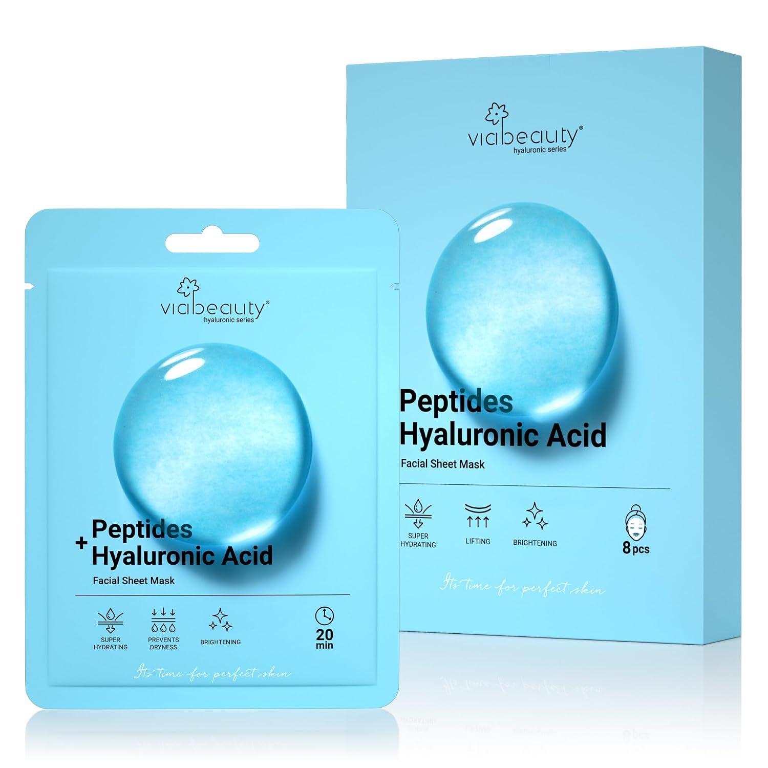 VIABEAUTY 8 Pack Hyaluronic Acid Face Mask with Peptides Complex – Deep Hydrating & Brightening Facial Sheet Mask – Moisturizing Face Masks Skincare Facial Sheets for All Skin Types
