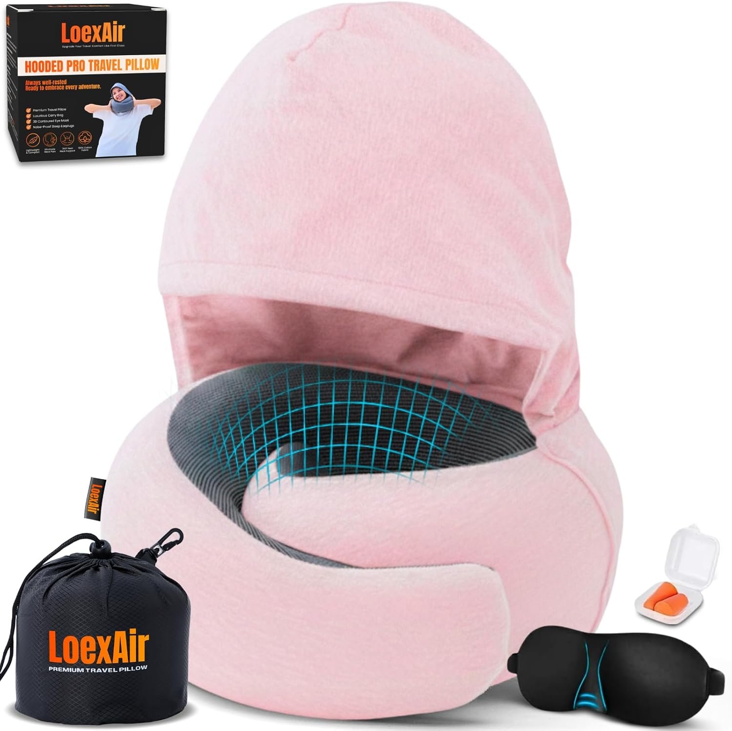 LOEXAIR™ Hooded Pro Travel Pillow – Memory Foam Neck Support Pillow for Airplane, Flight – Super-Soft Pure Cotton Fabric, Maximum Privacy & Light-Block Design, Lightweight Full Travel Kit- Sakura Pink