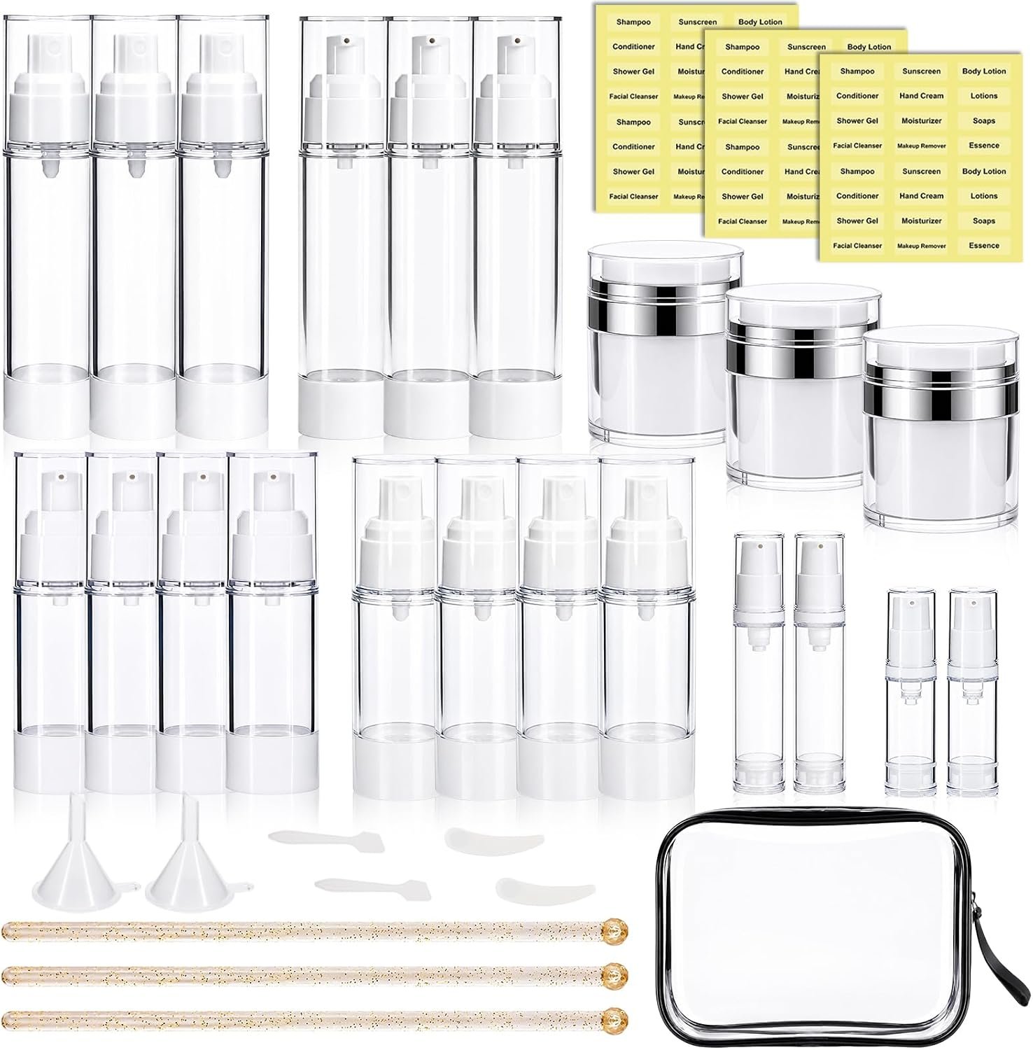 34 Pack Airless Pump Jars Set, 1.7/1/0.7/0.34oz Refillable Travel Size Containers, Leak-Proof Toiletry Bottles for Skincare and Creams, Lotion, Eye Cream, Liquid, Foundation, Shampoo