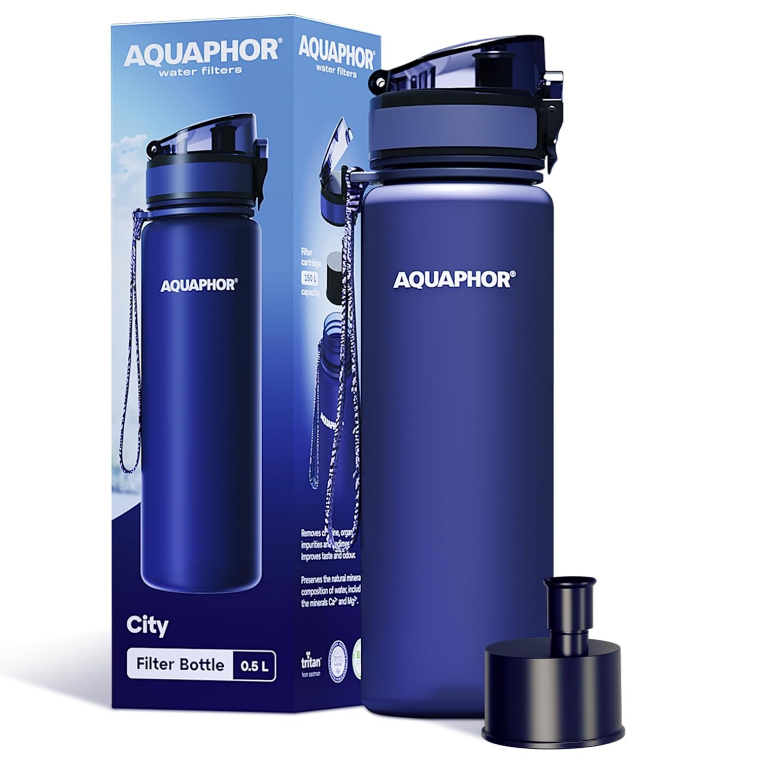 AQUAPHOR City Water Filter Bottle 17 oz | Reusable & Portable Filtered Water Bottle | BPA-Free | Perfect for Camping, Travel, Indoor & Outdoor Use | Navy Blue