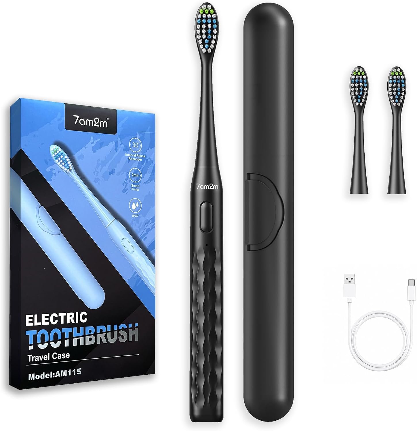 7AM2M Sonic Travel Electric Toothbrush for Adults&Kids, Travel Case&2 Brush Heads, 1 Charge for 90 Days, Type-C Rechargeable Sonic Toothbrush, Compact Design for Daily/Travel Use-Black