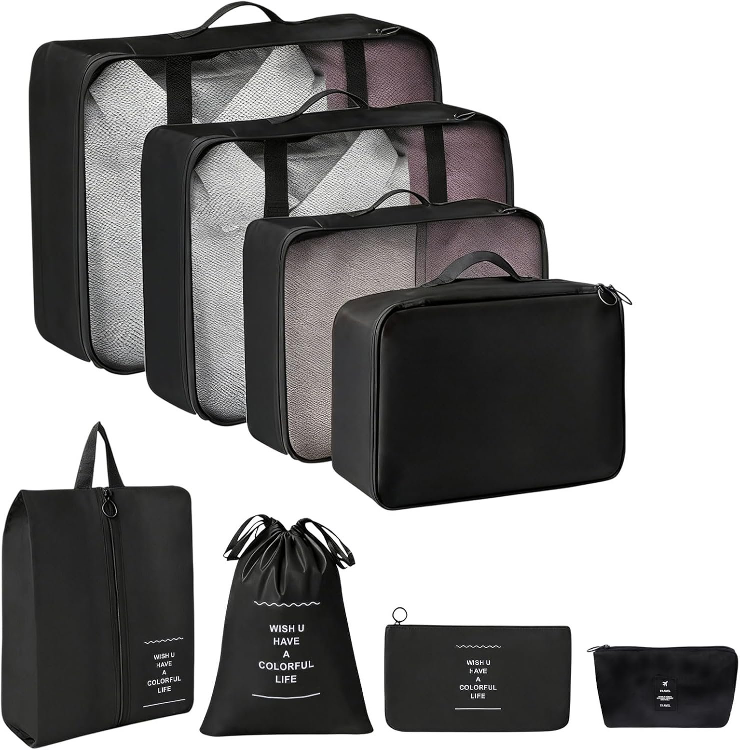 GLOBLELAND 8 Sets Black Packing Cubes for Travel Suitcases Clear Waterproof Luggage Packing Organizers Drawstring Luggage Storage Bags Travel Accessories for Clothes Toiletries Cosmetics