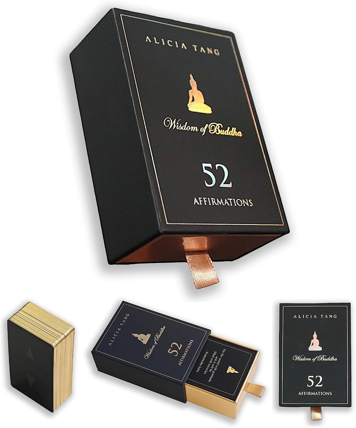 Wisdom of Buddha Oracle Cards | 55 Affirmation Pocket-sized Card Deck for Inner Peace and Clarity, Includes Hand-Illustrated Artwork by Alicia Tang and Sanskrit Mantra Amulet