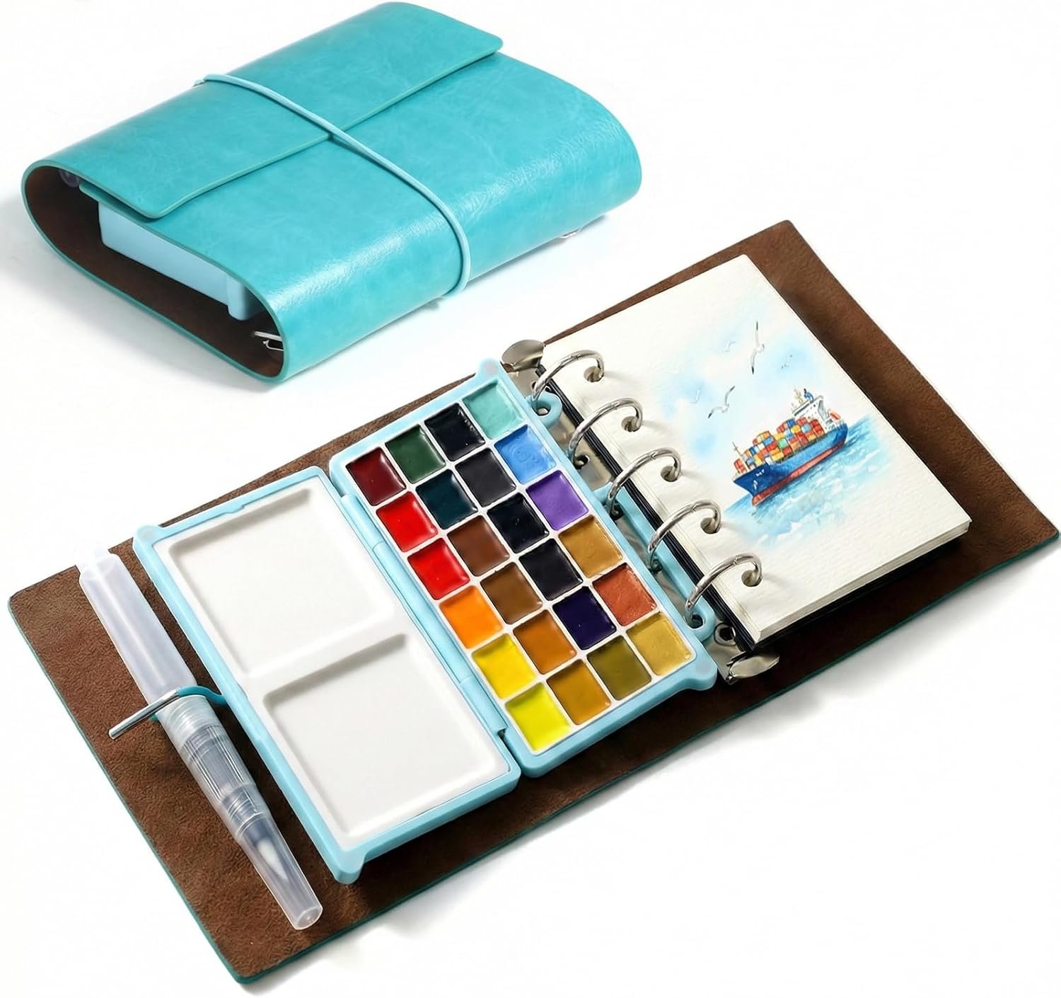 Portable Watercolor Sketchbook Set, Mini Watercolor Paint Set with 24 Colors, Brush & Drawing Paper, Travel Watercolor Kit for Artists Outdoor Painting