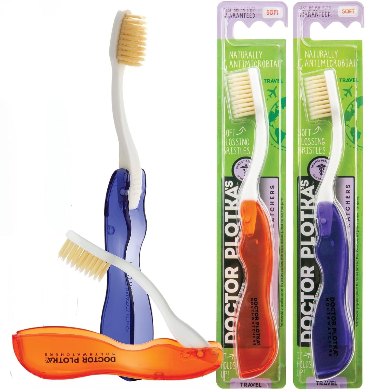 MOUTHWATCHERS Soft Flossing Folding Travel Toothbrush, Pack of 2, Assorted