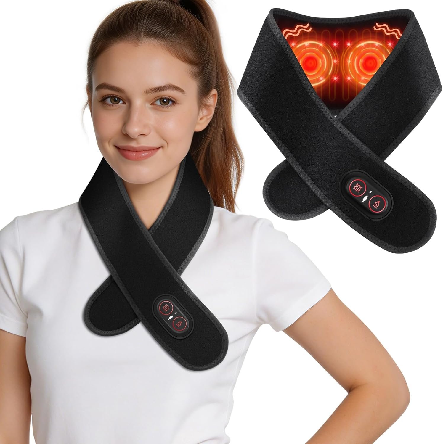 Neck Heating Pad for Pain – Heated Neck Wrap with Electric Massager, Cordless Heating Pad for Neck with 660nm & 850nm Red Light, Heated Neck Brace, 3000mAh, 3 Levels Heat & Massage