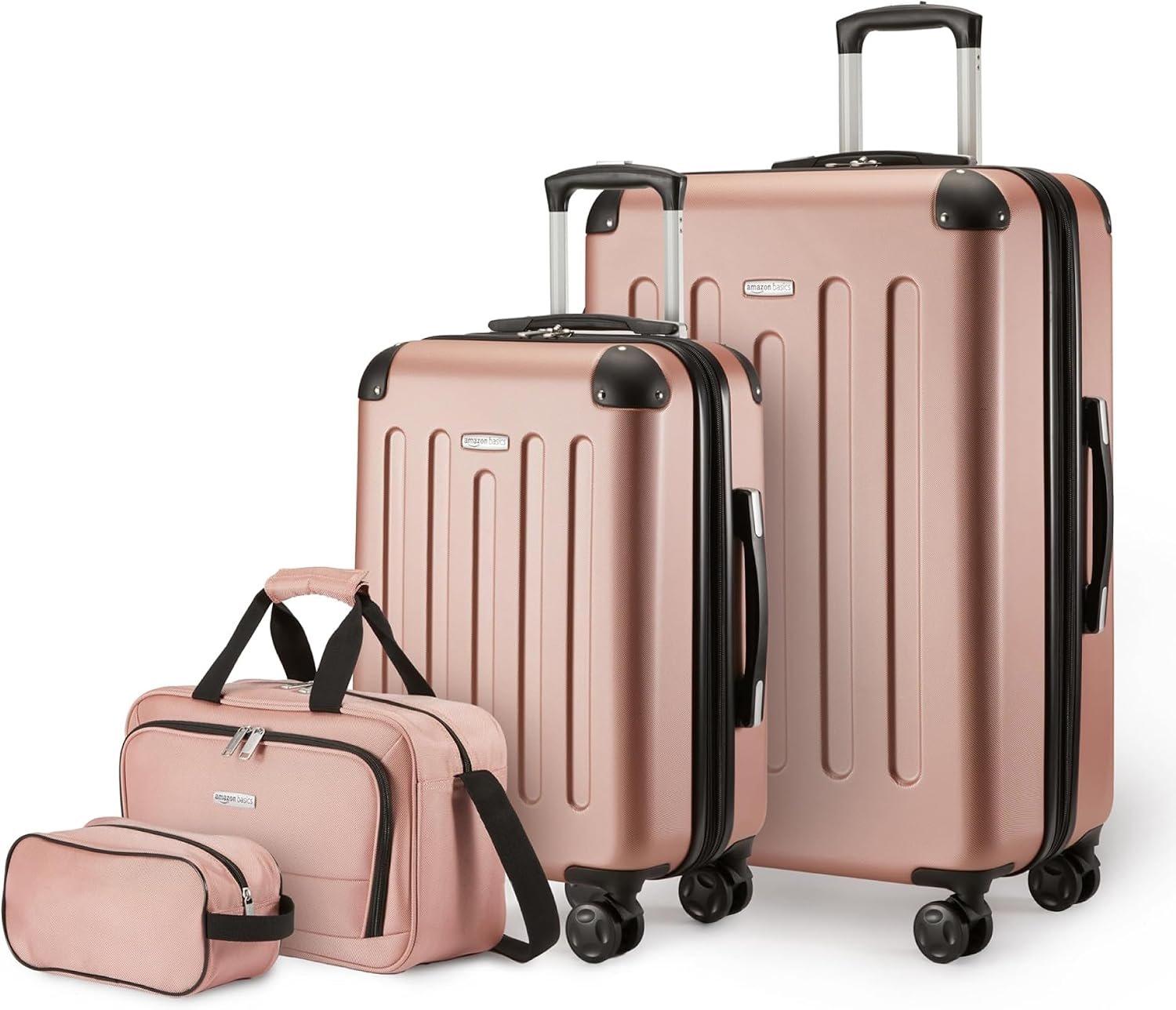 Amazon Basics 4-Piece Luggage Set, Hardside Spinner Suitcases with Multidirectional Wheels (22″ Carry-On and 28″ Checked), Plus 15-inch Tote Bag and 10-inch Compact Travel Bag, Rose Gold