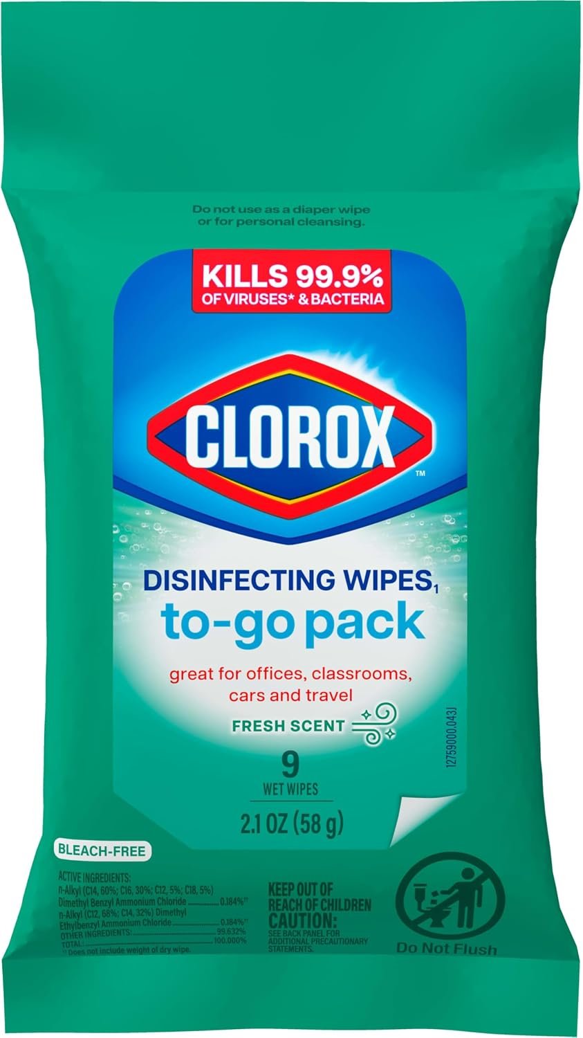 Clorox Disinfecting Cleaning Wipes To Go Pack, Bleach Free, Fresh Scent, 9 Count (Package May Vary)