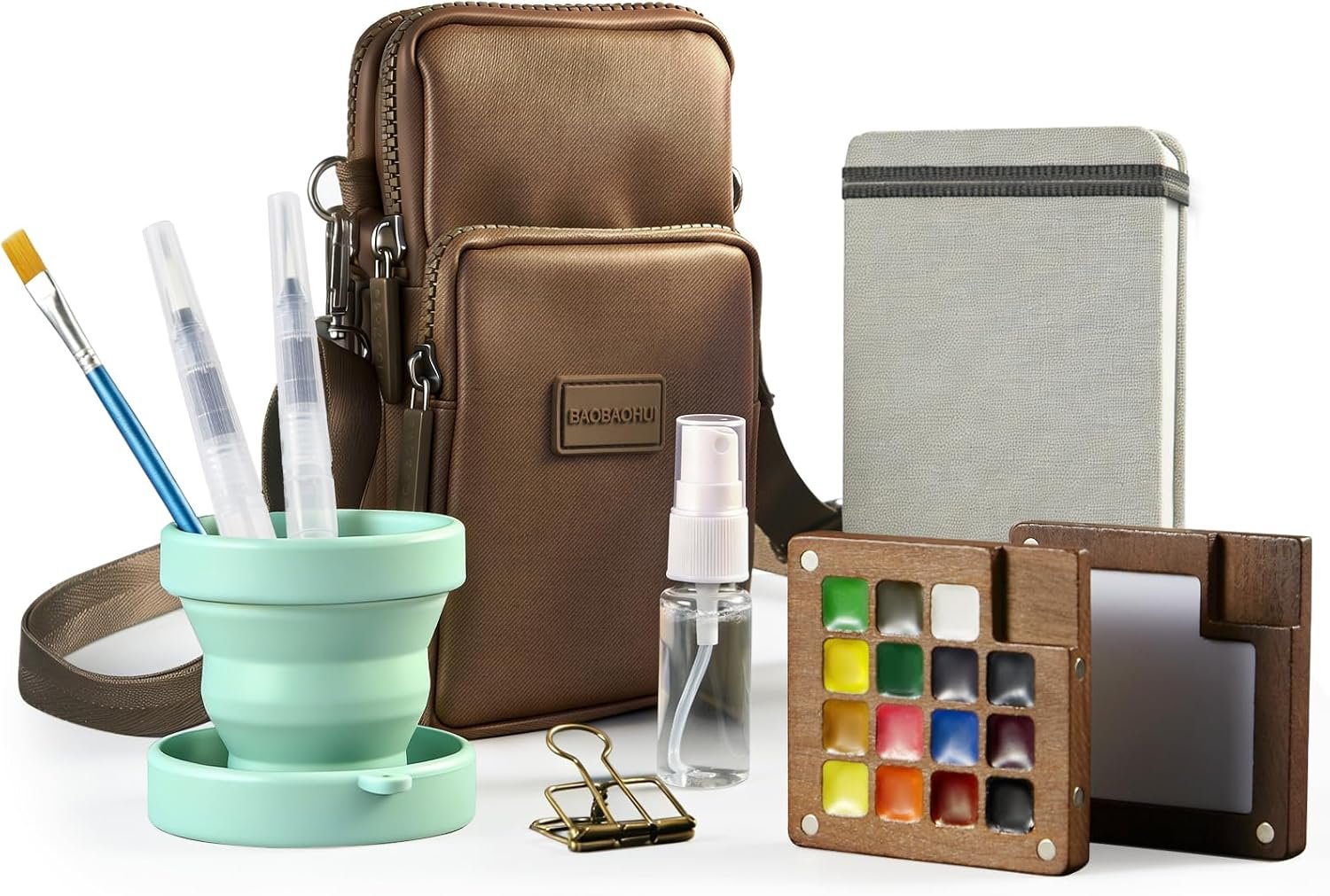 Mini Watercolor Paint Set, Travel Painting Kit with Walnut Wood Palette 15-Color, Crossbody Bag, Watercolor Journal, Metal Clip, Water Cup, Water Brush, for Artists, Beginners & Adults, Brown