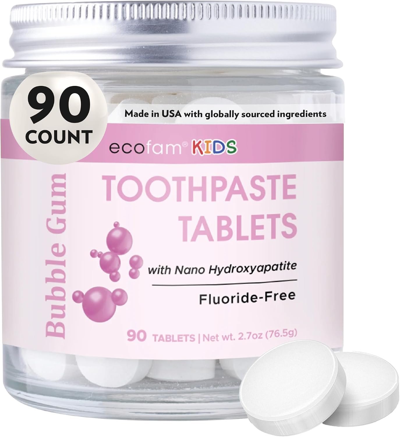 EcoFam Toothpaste Tablets – Bubblegum | Nano Hydroxyapatite Toothpaste Tablets Kids – Chewable – Made with Xylitol | Fluoride Free l 90 Tabs