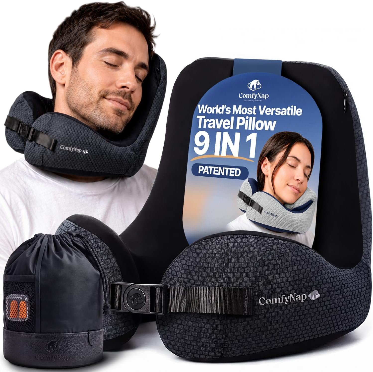 ComfyNap® Versatile Travel Neck Pillow for Airplane [Patented], 9 Positions in 3 Techniques, Plane Pillow with Pure Memory Foam, Travel Pillow with HeadRest Flight Sleep, Travel Essential – Mercury