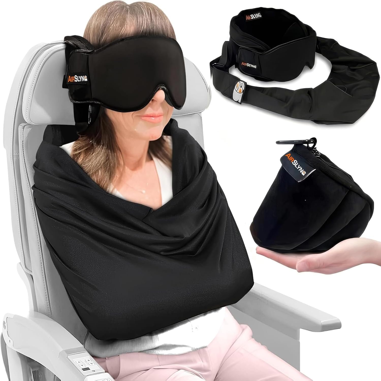 3-in-1 Airplane Sleep Support System – Integrated Plane Sleeping Accessories with Memory Foam Long Haul Flight Pillow, Adjustable Travel Eye Mask, and Blanket-Like Body Sling – Fits in Carry On