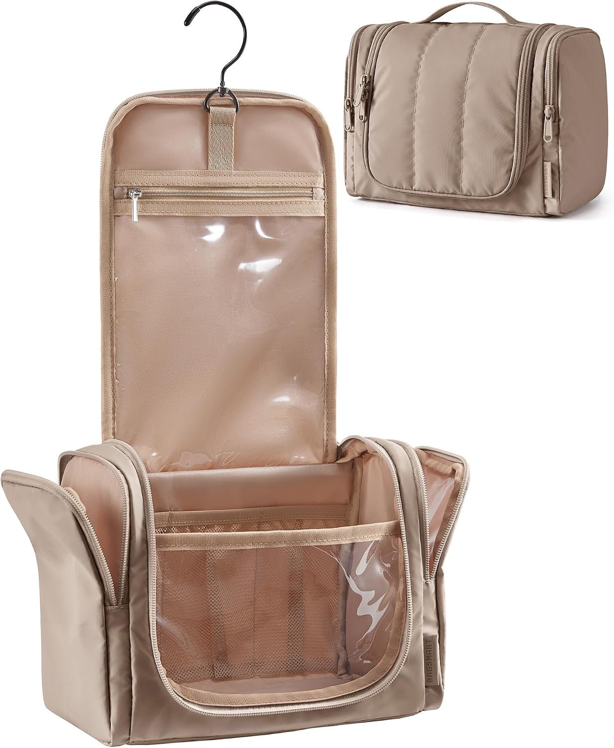 BAGSMART Travel Toiletry Bag for Women, Puffy Hanging Toiletry Bag with Hook, Water-resistant Toiletry Organizer for Full Sized Toiletries (Brown)