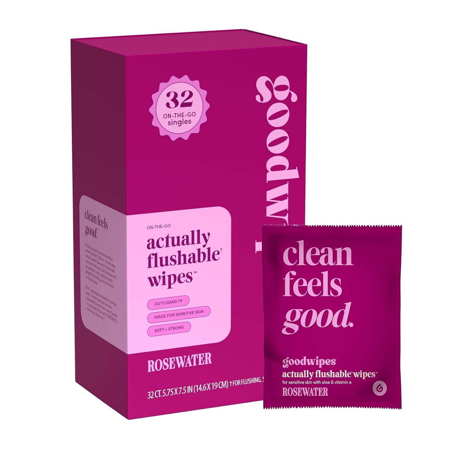 goodwipes Flushable Wipes for Women – Rosewater Individually Wrapped Travel Butt Wipes To Go, Mini Purse & Festival Essentials for Adults, pH Balanced for Feminine Hygiene, 32 Count (1 Pack)