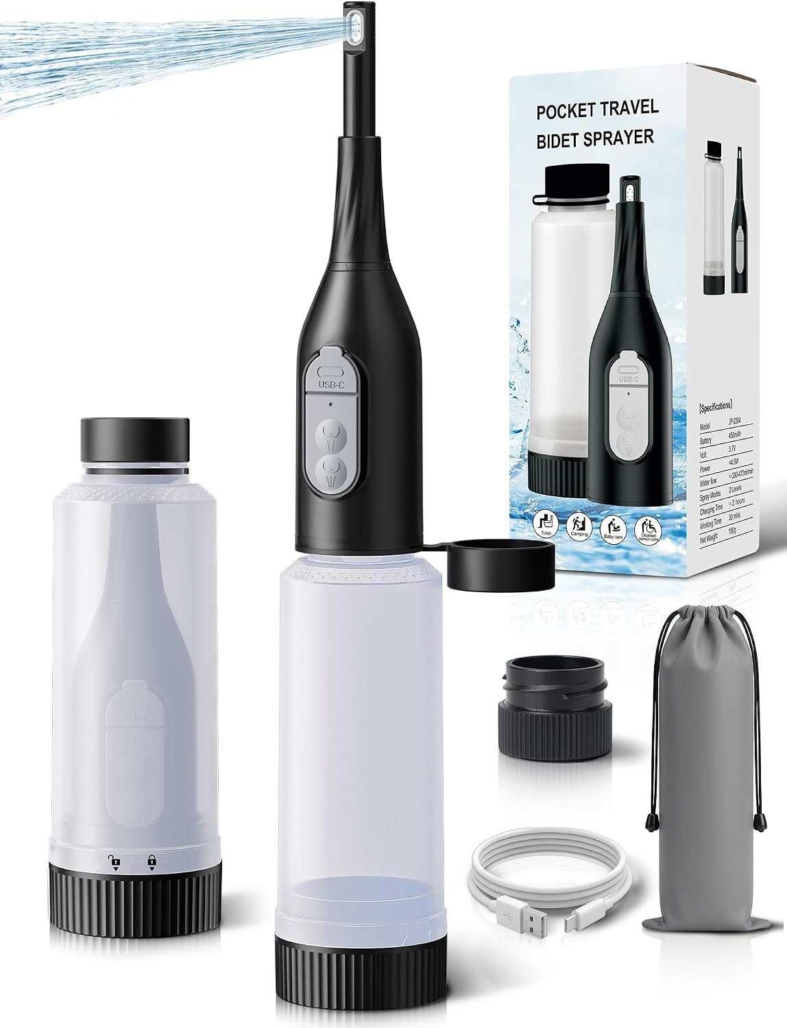Portable Bidet for Travel – Electric Peri Bottle with Dual Spray Modes, 360° Nozzle, Water Bottle Adapter, USB Rechargeable, Waterproof, Travel Bidet for Postpartum & Personal Hygiene (Black)