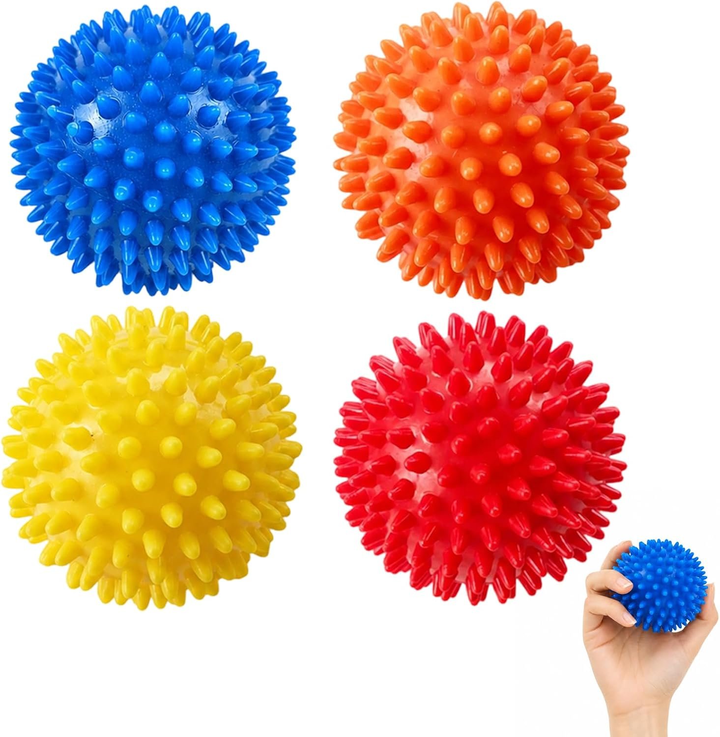 4 pcs Spiky Massage Ball, Professional Muscle Recovery Tool, Plantar Fasciitis Relief and Acupressure Massage, Soft Spiked Roller for Feet Back Hands, Set of Four Spiky Balls（Random Color