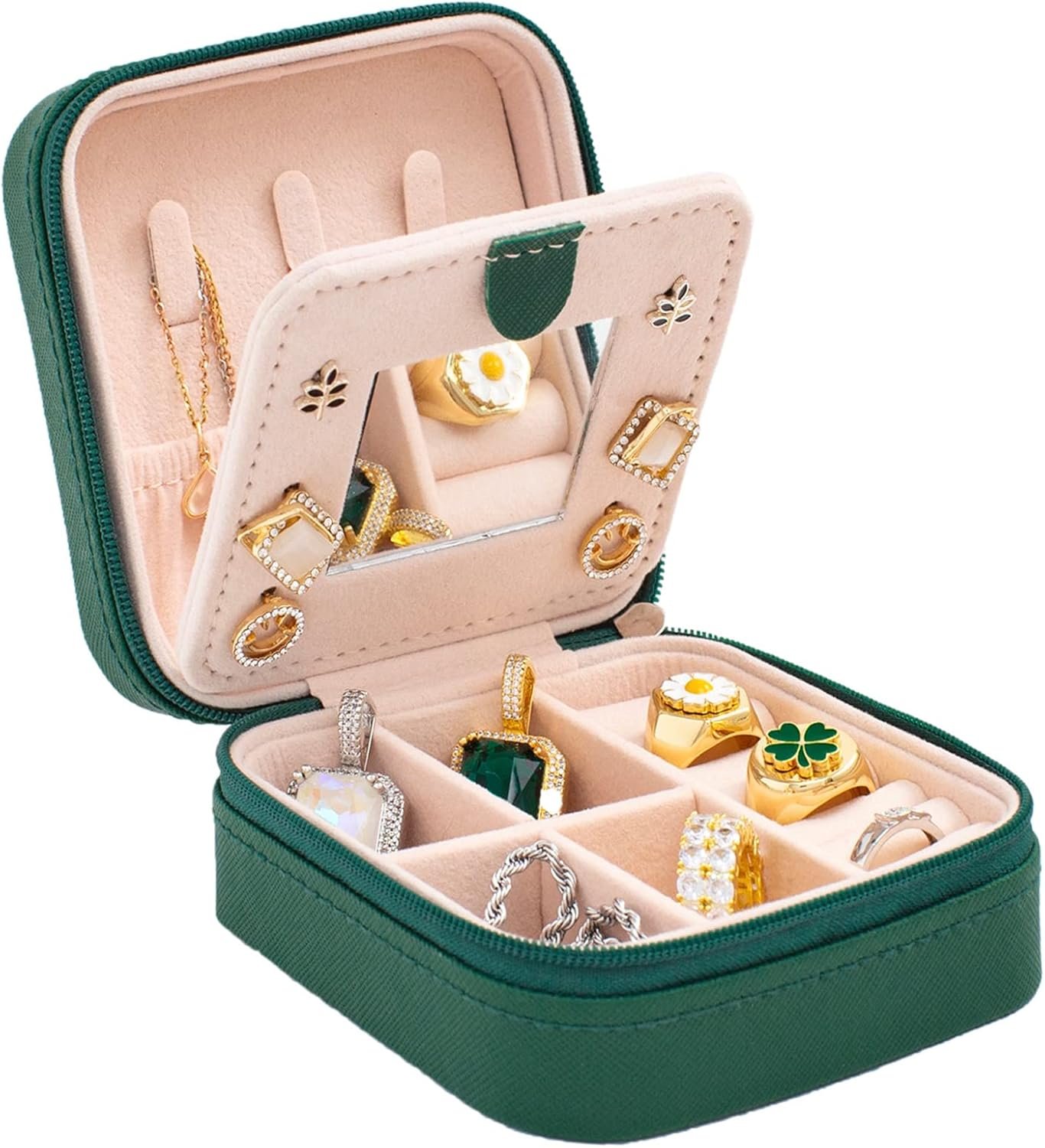 KElofoN Travel jewelry case Travel jewelry box Travel Jewelry Organizer Small box Gift for Girls Women with Mirror(Green)
