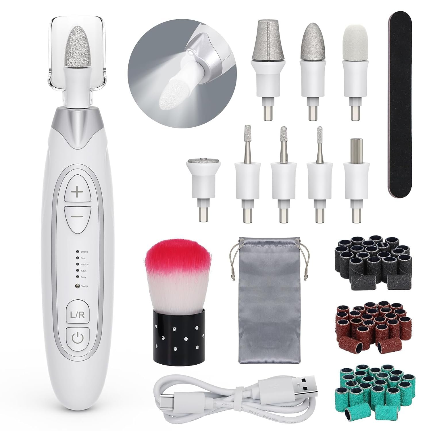PELCAS Electric Nail File, Manicure and Pedicure Kit 5 Speeds & LED Light