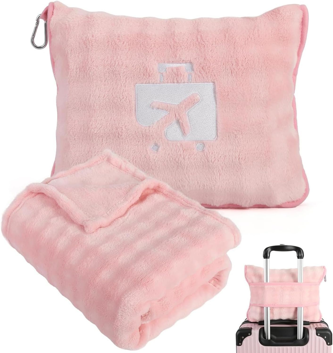 Pink Travel Blanket for Airplane, Portable Soft Flannel with Pouch & Clip