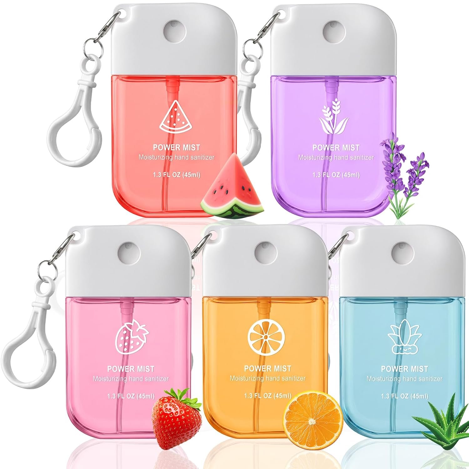 Hand Sanitizer Spray Travel-Size – 5 Pack No-Rinse Spray Hand Sanitizers with Hook Hydrating Portable Hand Sanitizer Travel Spray for Parks, Beaches, Airplanes, 5 Scents