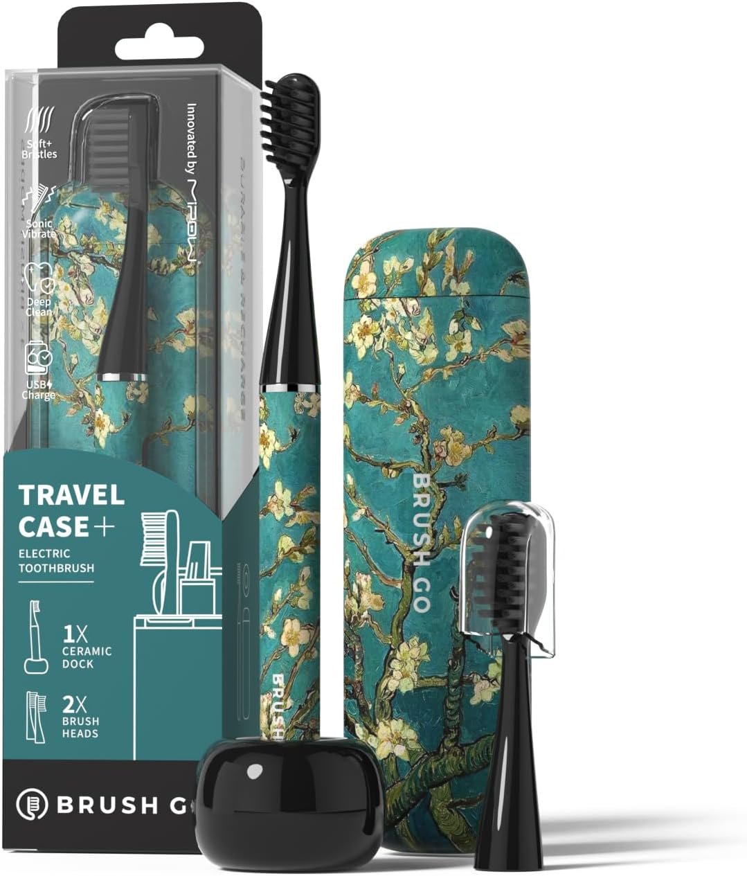 MIPOW Brush GO SlimPro i4 Electric Toothbrush Rechargeable Smart Ultra Sonic 3 Modes, Travel Case & Ceramic Dock, 60Day Battery Soft Bristles 2 Heads IPX7 Waterproof, Color-Almonde Edition