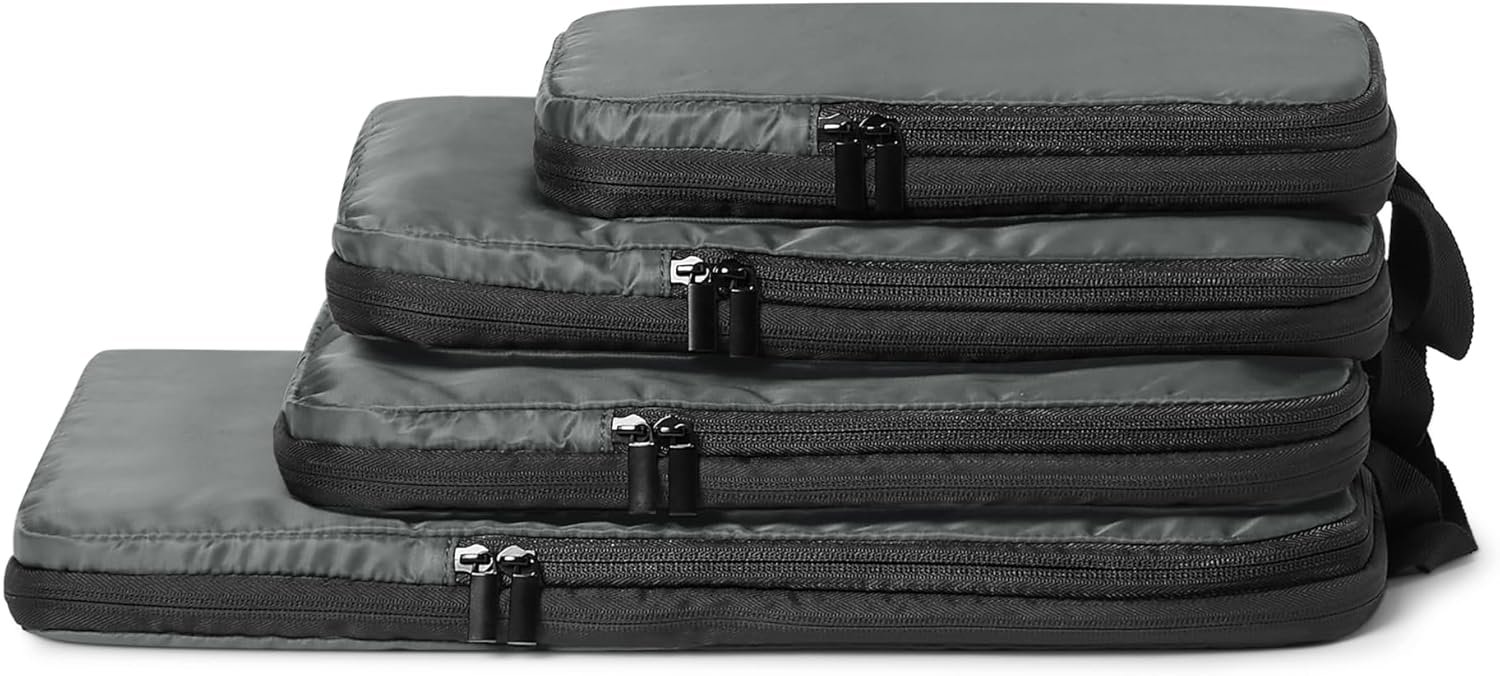 Amazon Essentials Ultralight Compression Packing Cubes, Recycled Fabric, 2 Zippers, 4-Pack, Grey, for Suitcases or Backpacks