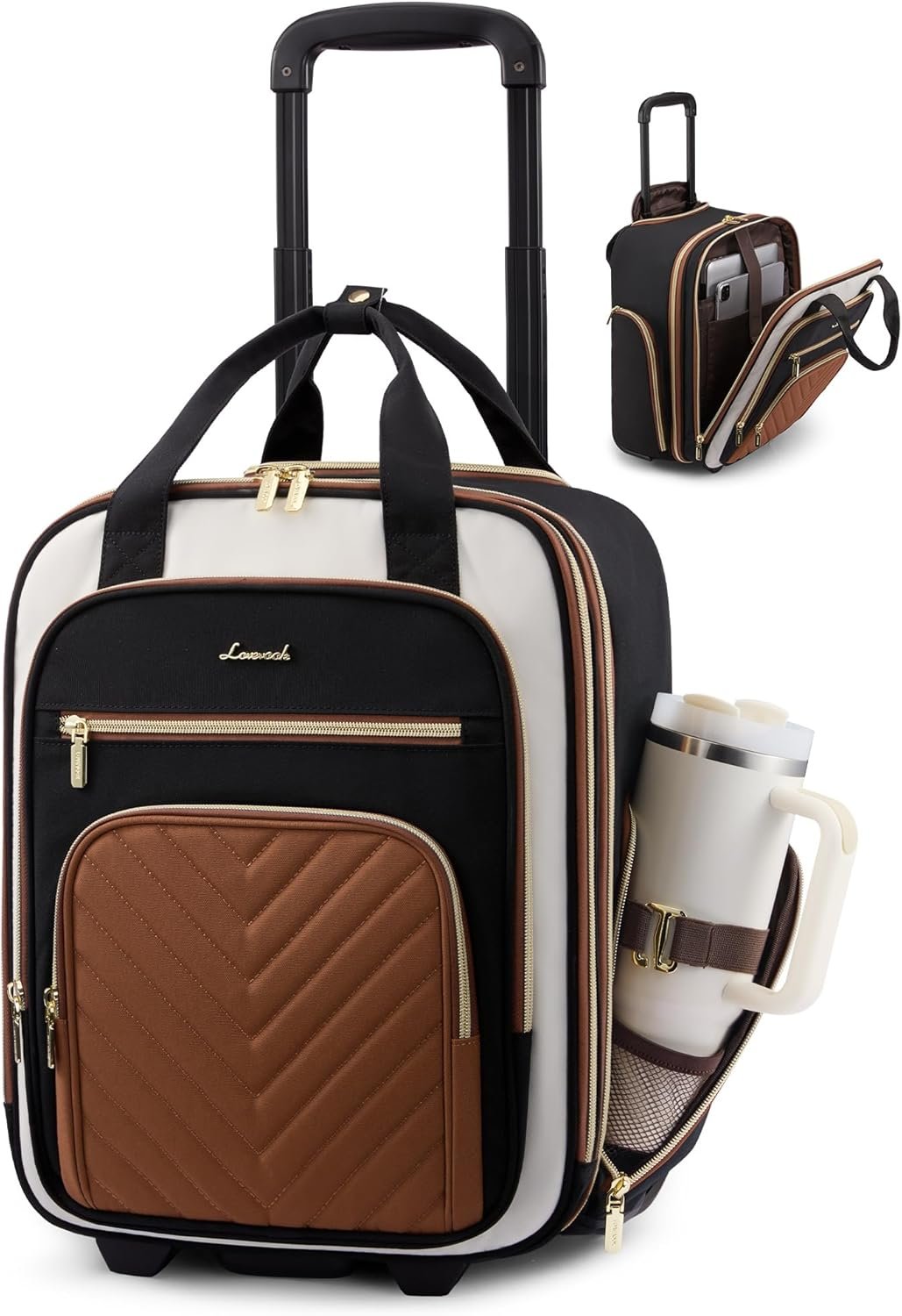 LOVEVOOK Underseat Carry On Luggage with Wheels, Stylish Under Seat Luggage with Giant Tumbler Holder Pocket, Soft Sided Small Suitcase for Travel, Work