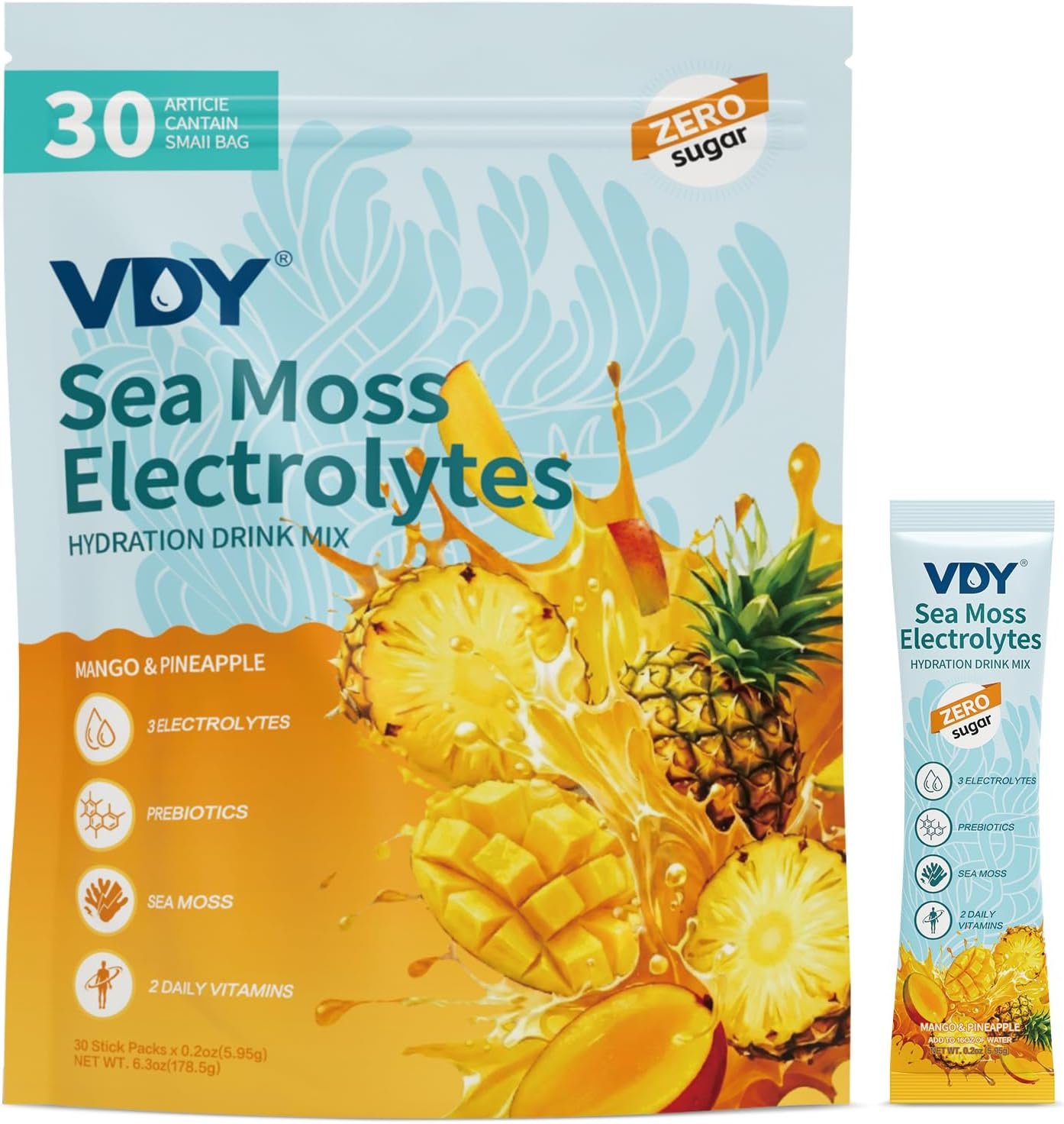 Sea Moss Electrolytes Powder Packets – Hydration Packets Sugar Free – Electrolyte Packets with 30 Sticks – Zero Sugar & 0 Calorie – Keto Friendly – Gluten Free Drink Mix – Mango Pineapple