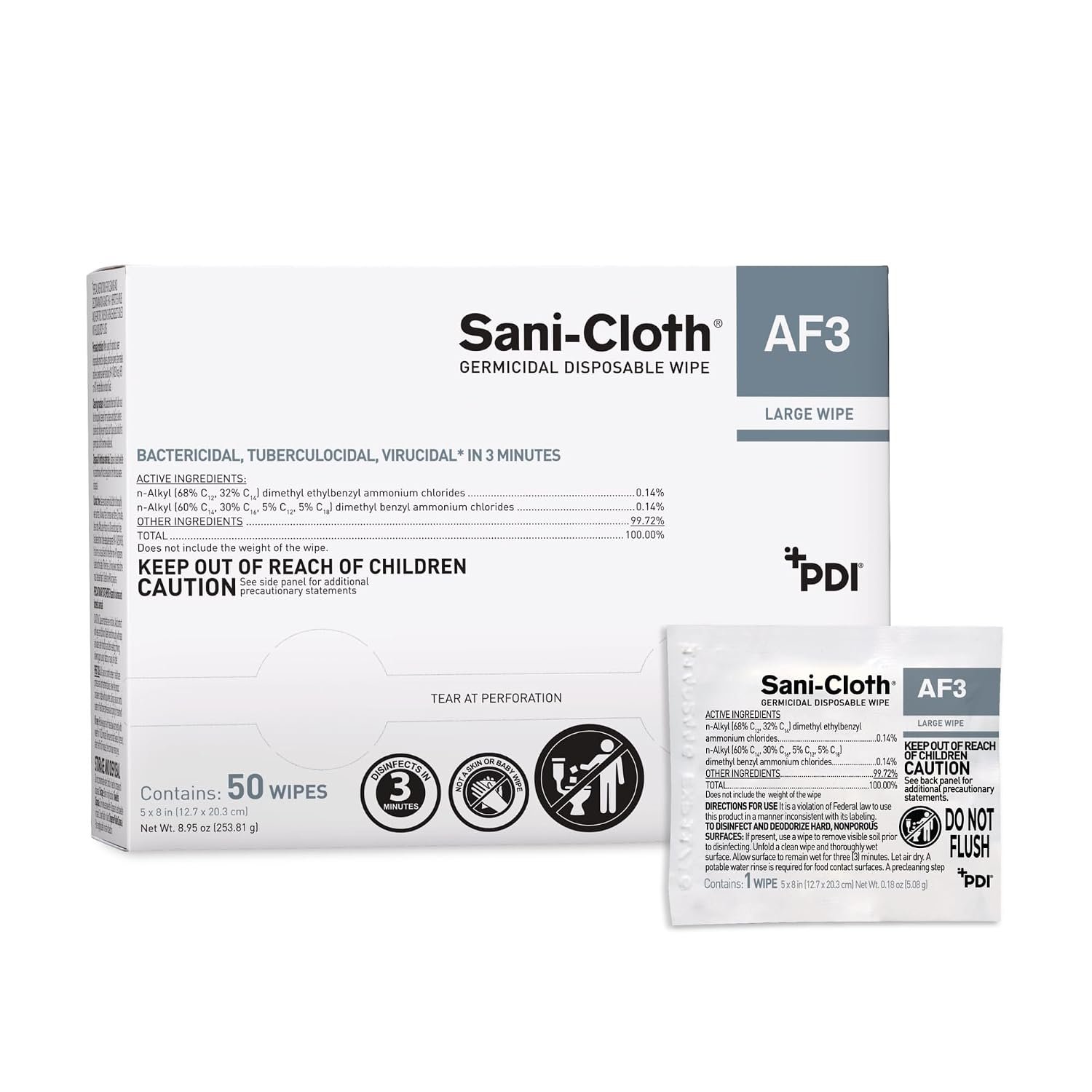Sani-Cloth AF3 Large 5″ x 8″ Individual Packets, Alcohol and Fragrance Free Surface Disinfection, 1 Box of 50 Packets