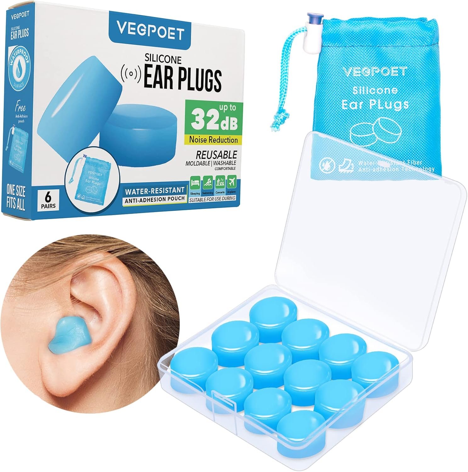 Ear Plugs for Sleeping – Vegpoet Reusable Moldable Silicone Earplugs Noise Cancelling Reduction for Concerts, Swimming, Shooting, Snoring, Airplane, Musicians, Motorcycle, 12 Pack