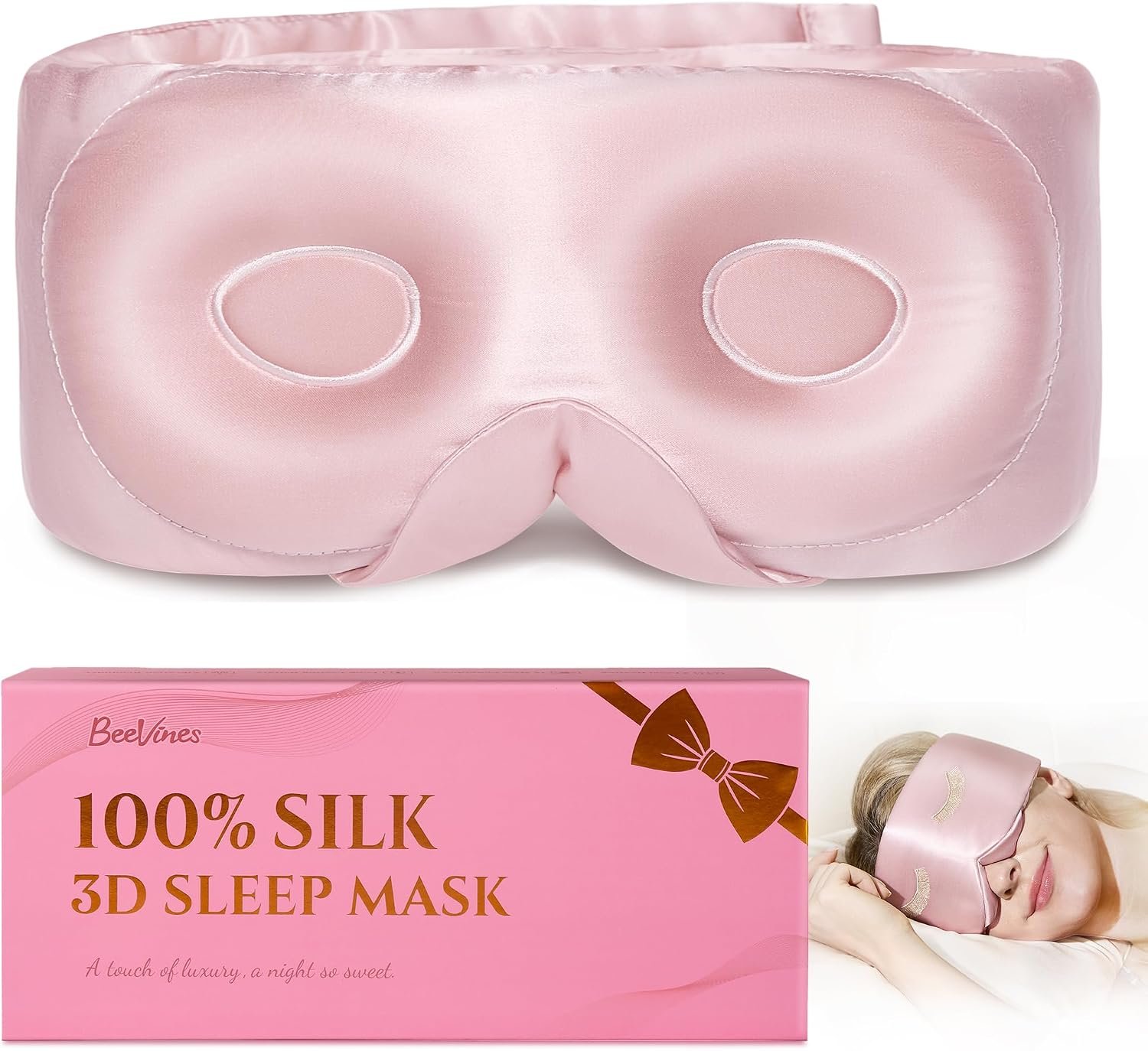 BeeVines Luxury Pure 100% Silk Sleep Mask for Women, 3D Countourd Eye Mask