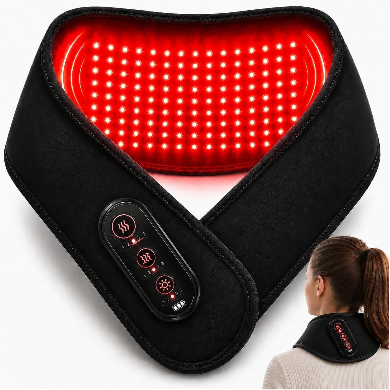Rechargeable Neck Heating Pad, Cordless Heated Neck Wrap for Home, Office & Travel, 3000mAh Neck Massager with 660nm & 850nm Red Light, 3 Heat & 3 Vibration Levels, Black