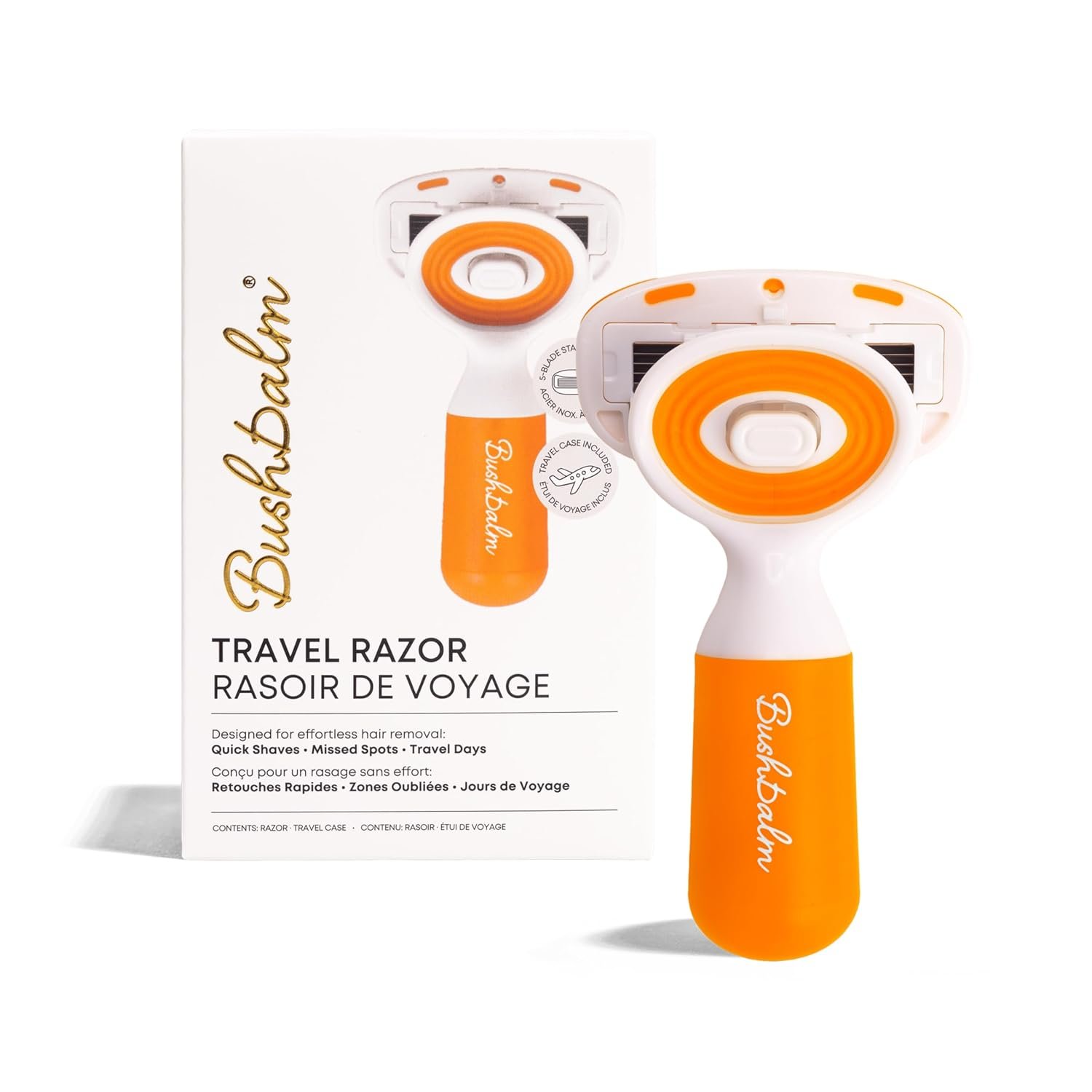 Bushbalm Travel Razor – Compact Case with Flexible Glide Head, Orange
