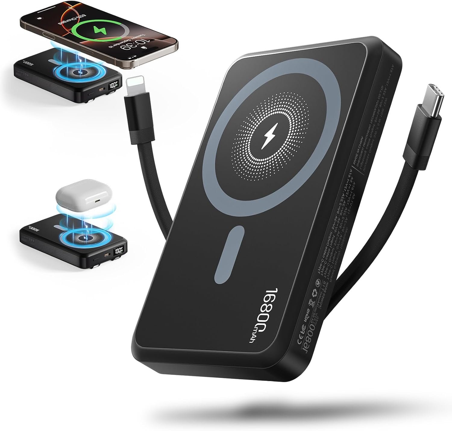 Tryetas 16800mAh Magnetic Power Bank Portable Charger with Built in Cables