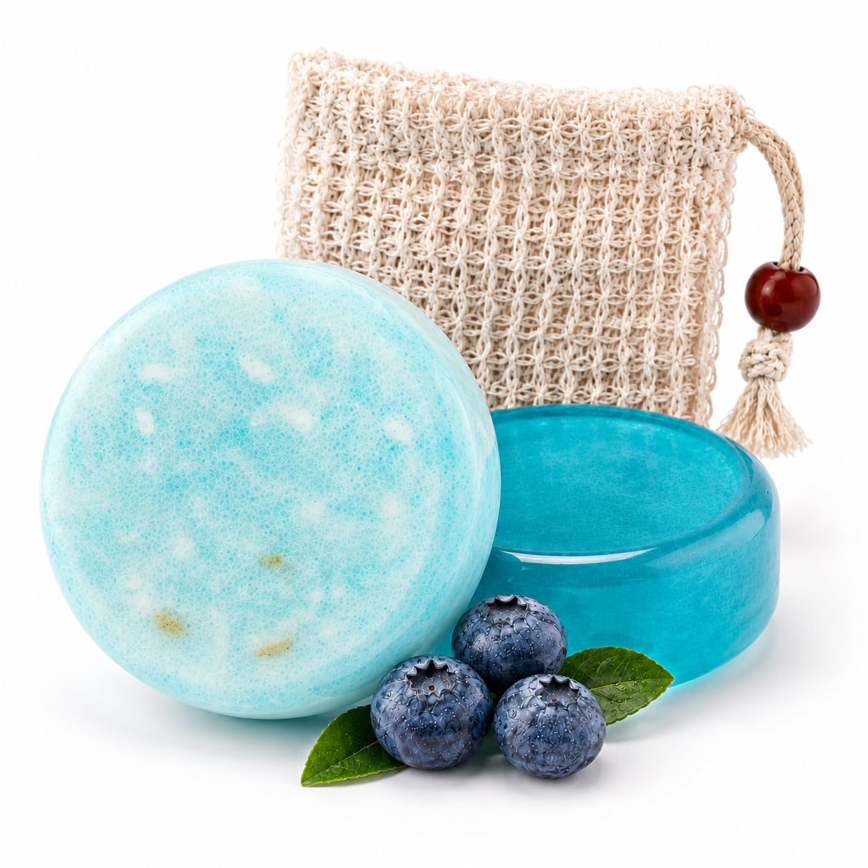 Blueberry Shampoo & Conditioner Bundle, Solid Bar Set for Mature Hair with Blueberry Extract, Cocoa Butter & Coconut Oil, for Dry, Frizzy, Dull-Looking Hair, 2 Bars + Foaming Net
